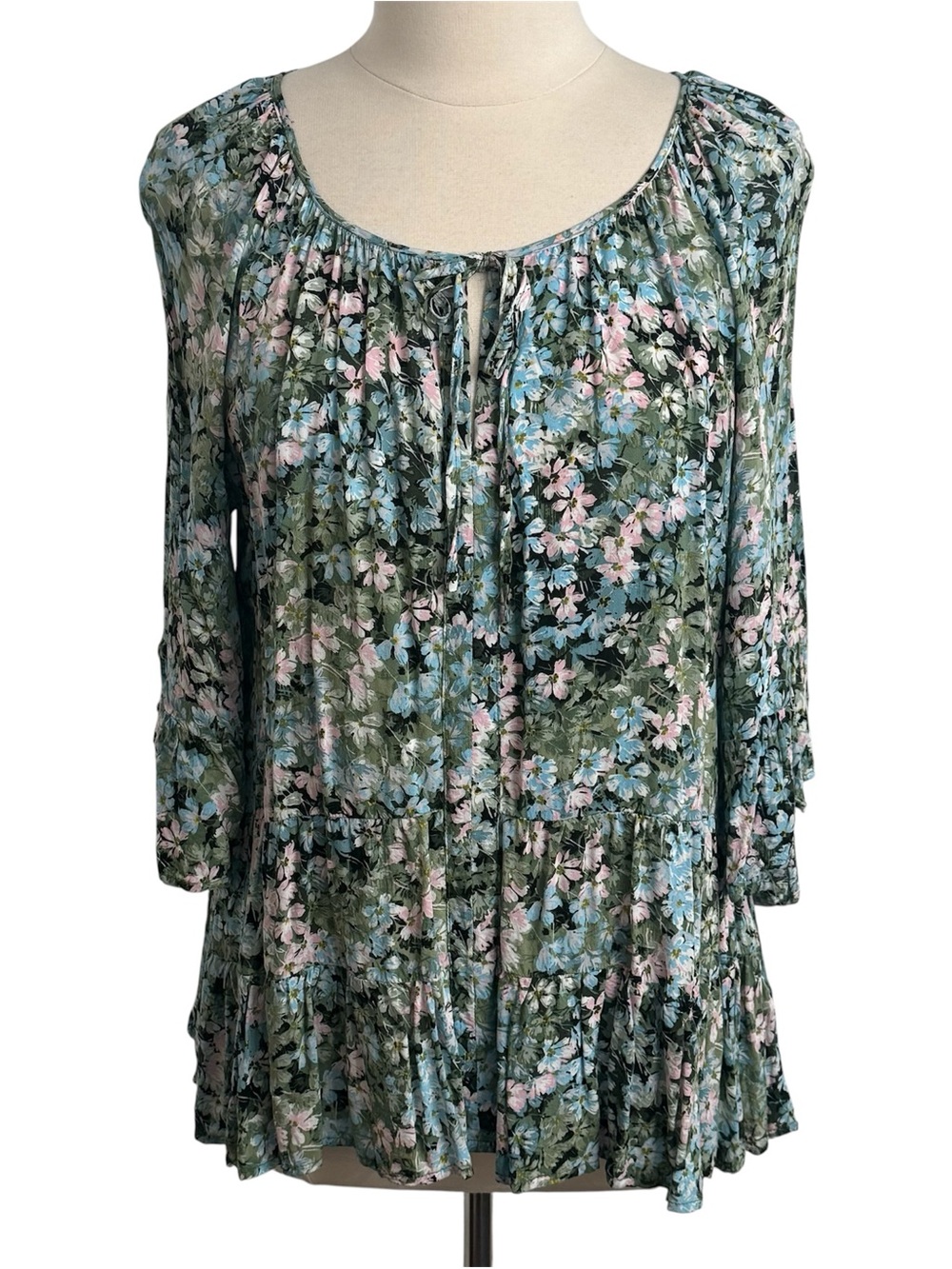 Cupio Blush 3/4 Blouson Sleeves Floral Print Peasant Blouse Green/Blue/Pink SzXL